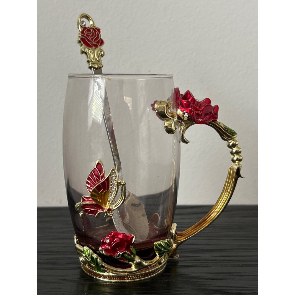 ARC of France Glass Mug Matching Spoon Butterfly & Flower Jeweled/Enamel Accents